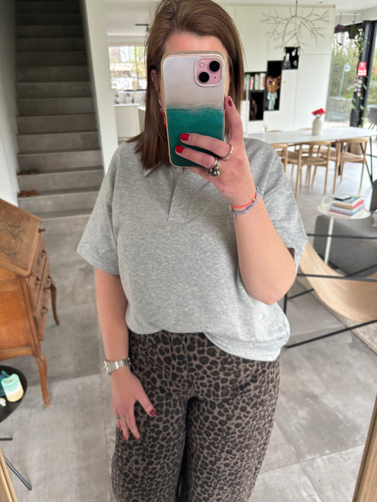 grey polo shirt